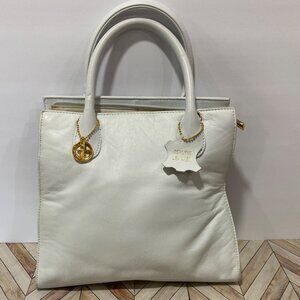 Giani Bernini White Genuine Leather Tote Bag With Dual Handles & Gold Accents